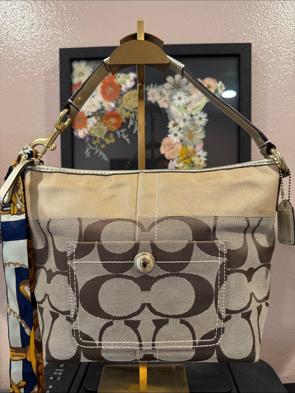 Coach 2007 Chelsea Tan and Brown Signature Canvas Hobo Shoulder Bag